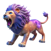 Majestic Cosmic Lion 3D Render of a Roaring Lion with Purple Mane and Celestial Design png