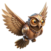 Golden Mechanical Owl in Flight 3D Render of Robotic Bird png