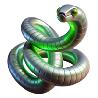 Metallic Green Serpent 3D Render of a Coiled Robotic Snake png