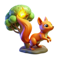 Fiery Tail Squirrel 3D Render of Adorable Creature near Flaming Tree png