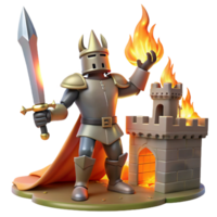 King's Fiery Conquest A 3D Render of a Medieval Knight and Burning Castle png
