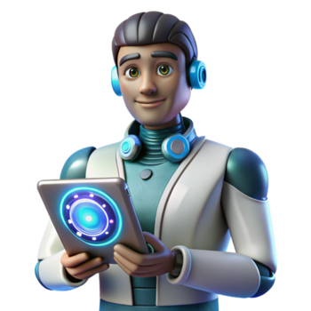 Futuristic Technology 3D Render of a Robotic Assistant Using a Tablet png