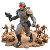 Futuristic Soldier Confronting Robotic Enemies in Desolate Landscape png