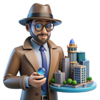 Urban Investigator 3D Model of a Detective Examining a Cityscape png