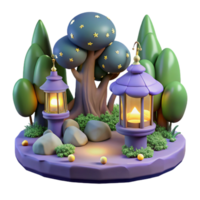 Enchanted Night Garden with Illuminated Lanterns and Starlit Trees png