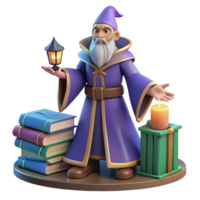 Wise Wizard with Lantern, Books, and Candle A 3D Render png