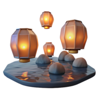 Illuminated Lanterns Floating on Water with Rocks png