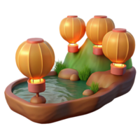 Serene Pond Scene with Illuminated Lanterns and Lush Greenery png