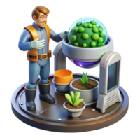 Exploring Futuristic Plant Cultivation A 3D Render of a Scientist and Advanced Growing System png