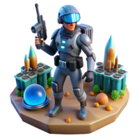 Futuristic Soldier in Combat Zone with Energy Weapon and Missiles png