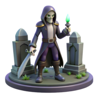 3D Render of a Hooded Skeletal Figure with a Sword and Glowing Torch Near Tombstones png