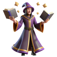 Wizard Conjuring Books Magical 3D Render of Sorcerer with Floating Tomes png