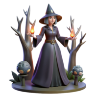 3D Render of a Witch with Flames in a Dark Forest Setting png