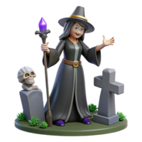 3D Render of a Friendly Witch with a Crystal Staff near a Graveyard png
