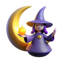 3D Render of Cute Witch with Crescent Moon and Glowing Orb png