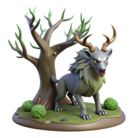 3D Render of a Mythical Grey Wolf-Like Creature with Antlers Near a Dead Tree png