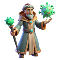 Wise Mage Contemplating Virus 3D Render of a Sorcerer Studying a Microscopic Pathogen png