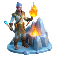 3D Render of Adventurer with Torch and Crystal Staff near a Fire png