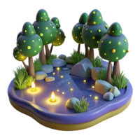 Enchanted Night Scene 3D Render of Calm Pond, Glowing Trees, and Candles png