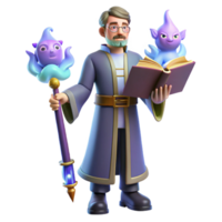 Wizard with Magical Staff and Book Fantasy 3D Render png