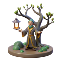 Wise Sage with Lantern by Ancient Tree 3D Render png
