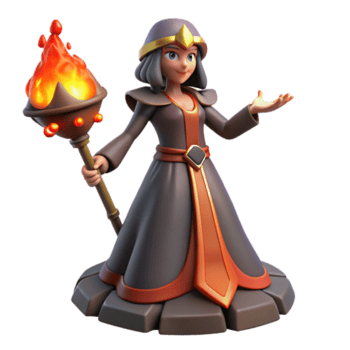 fantasia fogo mago 3d render do uma fêmea feiticeiro com queimando funcionários png