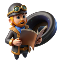 A whimsical 3D rendered illustration of an adventurer reading a book near a mysterious tire. png