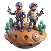 3D Render of Retro Space Explorers on Asteroid png