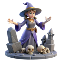 3D Render of a Cute Witch Figurine with Skulls and Stone Ruins png