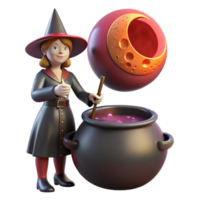 Cute Witch Stirring a Cauldron Under a Crescent Moon png