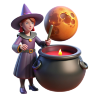 Adorable Witch Brewing Potion with Glowing Orb and Cauldron png