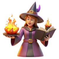 3D Render of a Witch with Flames and Spellbook png