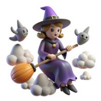 3D Render of a Witch Flying on a Broomstick with Ghosts and Clouds png