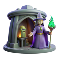 3D Render of a Witch with a Skull and Green Flame Staff in a Stone Structure png