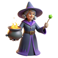 3D Render of a Friendly Witch with Cauldron and Wand png