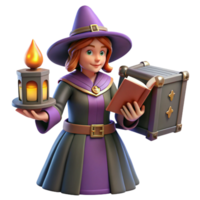 Enchanted Apprentice A 3D Render of a Young Witch with Candle and Grimoire png