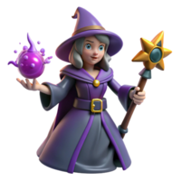 3D Render of a Young Witch with Purple Robe, Magic Wand, and Orb png