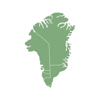 Green map of Greenland divided into states and territories. White flat design isolated on a white background. Highly detailed illustration