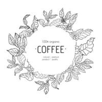 Coffee plant wreath with leaves and berries in botanical line art style. Circular floral frame on a white background. Black and white illustration. Template for branding, packaging, and label design. vector