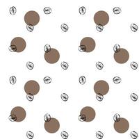 A seamless pattern of hand-drawn coffee beans with brown circles on a white background, perfect for packaging, textiles, and wallpapers. vector