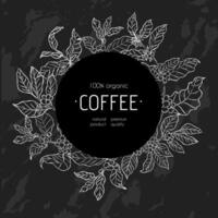 A sophisticated coffee packaging design featuring white botanical line art of coffee plants on a dark textured background, emphasizing organic and premium quality. vector