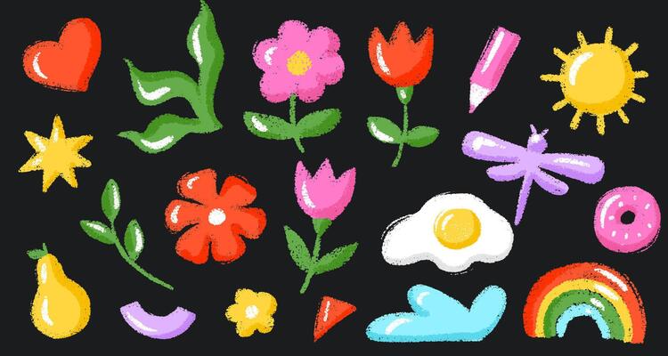 Crayon Flowers Sunny-Side Up Eggs Sun Rainbow Shapes. Spring Summer Elements