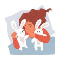 Little girl in pajamas sleeping with plush rabbits. Illustration with texture.Kid lying on pillow under blanket at night. vector