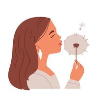 A girl blows on a dandelion and makes a wish.Childhood, aspirations, imagination concept vector