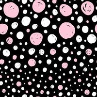 Seamless pattern with abstract dots. Pink and white polka dots on black background. Dotted texture vector