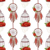 Seamless pattern in boho style, dream cathers, poppies in cages. Hand drawn elements. Ethnic boho pattern for textile, packaging, greeting cards, invitations, wedding decorations. Bohemian collection. vector