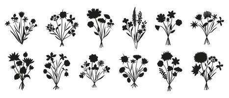 Wildflower silhouette bouquets set. Hand drawn different meadow flowers, herbs, and wild plants. Botanical elements for design projects. Minimal style vector