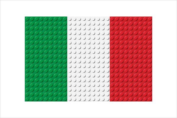 Italy flag icon. Italian flag composed of many plastic brick toy blocks. Building bricks pattern. Abstract illustration. Isolated on a white background