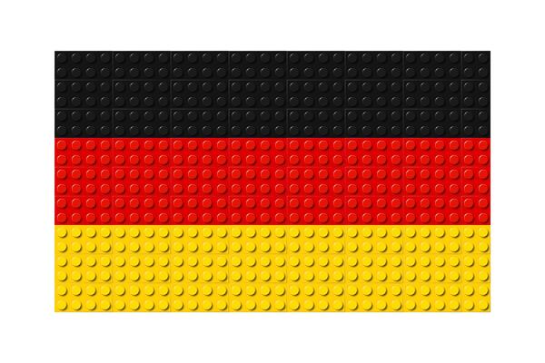 Germany flag icon. German flag composed of many plastic brick toy blocks. Building bricks pattern. Abstract illustration. Isolated on a white background