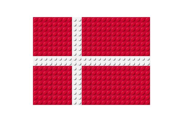 Denmark flag icon. Danish flag composed of many plastic brick toy blocks. Building bricks pattern. Abstract illustration. Isolated on a white background